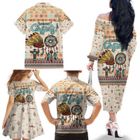 Native American Christmas Family Matching Off The Shoulder Long Sleeve Dress and Hawaiian Shirt with Beige Tribal Pattern Santa Claus and Dreamcatcher Motif - Wonder Print Shop