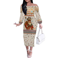 Native American Christmas Family Matching Off The Shoulder Long Sleeve Dress and Hawaiian Shirt with Beige Tribal Pattern Santa Claus and Dreamcatcher Motif - Wonder Print Shop