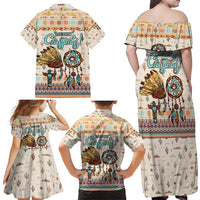 Native American Christmas Family Matching Off Shoulder Maxi Dress and Hawaiian Shirt with Beige Tribal Pattern Santa Claus and Dreamcatcher Motif - Wonder Print Shop