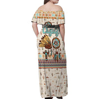 Native American Christmas Family Matching Off Shoulder Maxi Dress and Hawaiian Shirt with Beige Tribal Pattern Santa Claus and Dreamcatcher Motif - Wonder Print Shop