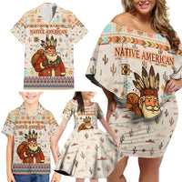Native American Christmas Family Matching Off Shoulder Short Dress and Hawaiian Shirt with Beige Tribal Pattern Santa Claus and Dreamcatcher Motif - Wonder Print Shop
