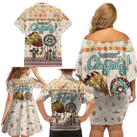 Native American Christmas Family Matching Off Shoulder Short Dress and Hawaiian Shirt with Beige Tribal Pattern Santa Claus and Dreamcatcher Motif - Wonder Print Shop