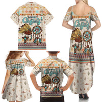 Native American Christmas Family Matching Summer Maxi Dress and Hawaiian Shirt with Beige Tribal Pattern Santa Claus and Dreamcatcher Motif - Wonder Print Shop