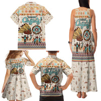 Native American Christmas Family Matching Tank Maxi Dress and Hawaiian Shirt with Beige Tribal Pattern Santa Claus and Dreamcatcher Motif - Wonder Print Shop