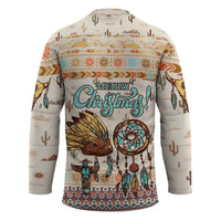 Native American Christmas Hockey Jersey with Beige Tribal Pattern Santa Claus and Dreamcatcher Motif - Wonder Print Shop