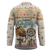 Native American Christmas Hockey Jersey with Beige Tribal Pattern Santa Claus and Dreamcatcher Motif - Wonder Print Shop