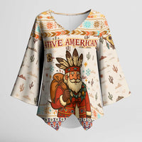 Native American Christmas Kimono Sleeve Blouse with Beige Tribal Pattern Santa Claus and Dreamcatcher Motif - Wonder Print Shop