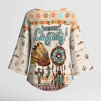Native American Christmas Kimono Sleeve Blouse with Beige Tribal Pattern Santa Claus and Dreamcatcher Motif - Wonder Print Shop