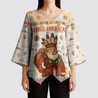 Native American Christmas Kimono Sleeve Blouse with Beige Tribal Pattern Santa Claus and Dreamcatcher Motif - Wonder Print Shop