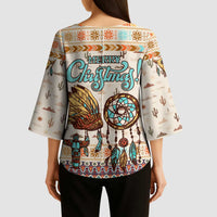 Native American Christmas Kimono Sleeve Blouse with Beige Tribal Pattern Santa Claus and Dreamcatcher Motif - Wonder Print Shop