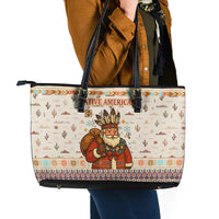 Native American Christmas Leather Tote Bag with Beige Tribal Pattern Santa Claus and Dreamcatcher Motif - Wonder Print Shop