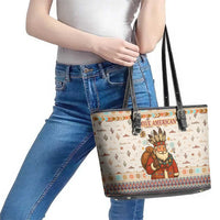 Native American Christmas Leather Tote Bag with Beige Tribal Pattern Santa Claus and Dreamcatcher Motif - Wonder Print Shop