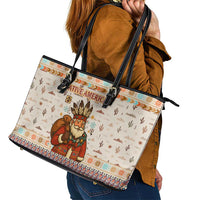 Native American Christmas Leather Tote Bag with Beige Tribal Pattern Santa Claus and Dreamcatcher Motif - Wonder Print Shop