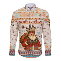 Native American Christmas Long Sleeve Button Shirt with Beige Tribal Pattern Santa Claus and Dreamcatcher Motif - Wonder Print Shop