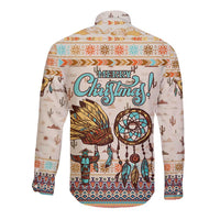 Native American Christmas Long Sleeve Button Shirt with Beige Tribal Pattern Santa Claus and Dreamcatcher Motif - Wonder Print Shop