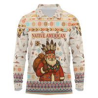 Native American Christmas Long Sleeve Polo Shirt with Beige Tribal Pattern Santa Claus and Dreamcatcher Motif - Wonder Print Shop