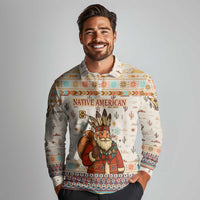 Native American Christmas Long Sleeve Polo Shirt with Beige Tribal Pattern Santa Claus and Dreamcatcher Motif - Wonder Print Shop