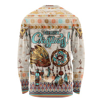 Native American Christmas Long Sleeve Shirt with Beige Tribal Pattern Santa Claus and Dreamcatcher Motif - Wonder Print Shop