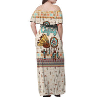 Native American Christmas Off Shoulder Maxi Dress with Beige Tribal Pattern Santa Claus and Dreamcatcher Motif - Wonder Print Shop