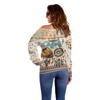 Native American Christmas Off Shoulder Sweater with Beige Tribal Pattern Santa Claus and Dreamcatcher Motif - Wonder Print Shop
