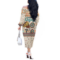 Native American Christmas Off The Shoulder Long Sleeve Dress with Beige Tribal Pattern Santa Claus and Dreamcatcher Motif - Wonder Print Shop