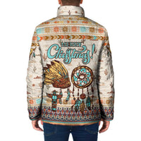 Native American Christmas Padded Jacket with Beige Tribal Pattern Santa Claus and Dreamcatcher Motif - Wonder Print Shop