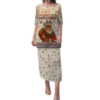 Native American Christmas Puletasi with Beige Tribal Pattern Santa Claus and Dreamcatcher Motif - Wonder Print Shop