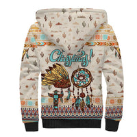 Native American Christmas Sherpa Hoodie with Beige Tribal Pattern Santa Claus and Dreamcatcher Motif - Wonder Print Shop
