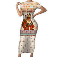 Native American Christmas Short Sleeve Bodycon Dress with Beige Tribal Pattern Santa Claus and Dreamcatcher Motif - Wonder Print Shop