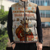 Native American Christmas Sleeveless Puffer Jacket with Beige Tribal Pattern Santa Claus and Dreamcatcher Motif - Wonder Print Shop