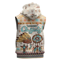 Native American Christmas Sleeveless Zip Hoodie with Beige Tribal Pattern Santa Claus and Dreamcatcher Motif - Wonder Print Shop