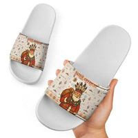 Native American Christmas Slide Sandals with Beige Tribal Pattern Santa Claus and Dreamcatcher Motif - Wonder Print Shop