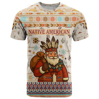 Native American Christmas T Shirt with Beige Tribal Pattern Santa Claus and Dreamcatcher Motif - Wonder Print Shop