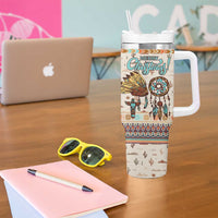 Native American Christmas Tumbler With Handle with Beige Tribal Pattern Santa Claus and Dreamcatcher Motif - Wonder Print Shop