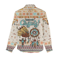 Native American Christmas Women Casual Shirt with Beige Tribal Pattern Santa Claus and Dreamcatcher Motif - Wonder Print Shop
