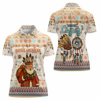 Native American Christmas Women Polo Shirt with Beige Tribal Pattern Santa Claus and Dreamcatcher Motif - Wonder Print Shop