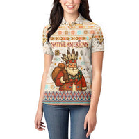 Native American Christmas Women Polo Shirt with Beige Tribal Pattern Santa Claus and Dreamcatcher Motif - Wonder Print Shop