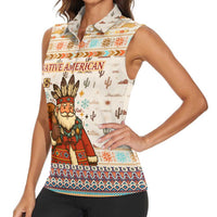 Native American Christmas Women Sleeveless Polo Shirt with Beige Tribal Pattern Santa Claus and Dreamcatcher Motif - Wonder Print Shop