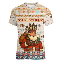 Native American Christmas Women V-Neck T-Shirt with Beige Tribal Pattern Santa Claus and Dreamcatcher Motif - Wonder Print Shop