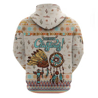 Native American Christmas Zip Hoodie with Beige Tribal Pattern Santa Claus and Dreamcatcher Motif - Wonder Print Shop