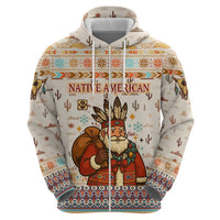 Native American Christmas Zip Hoodie with Beige Tribal Pattern Santa Claus and Dreamcatcher Motif - Wonder Print Shop