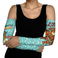 Bahamas Christmas Arm Sleeves with Teal Palm Pattern Carnival Santa and National Emblem Motif - Wonder Print Shop