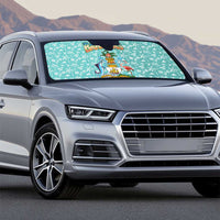 Bahamas Christmas Auto Sun Shade with Teal Palm Pattern Carnival Santa and National Emblem Motif - Wonder Print Shop