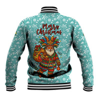 Bahamas Christmas Baseball Jacket with Teal Palm Pattern Carnival Santa and National Emblem Motif - Wonder Print Shop