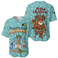 Bahamas Christmas Baseball Jersey with Teal Palm Pattern Carnival Santa and National Emblem Motif - Wonder Print Shop