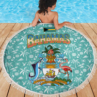 Bahamas Christmas Beach Blanket with Teal Palm Pattern Carnival Santa and National Emblem Motif - Wonder Print Shop
