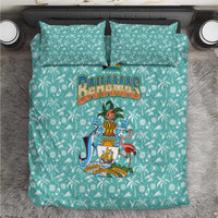 Bahamas Christmas Bedding Set with Teal Palm Pattern Carnival Santa and National Emblem Motif - Wonder Print Shop