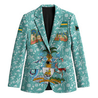 Bahamas Christmas Blazer with Teal Palm Pattern Carnival Santa and National Emblem Motif - Wonder Print Shop