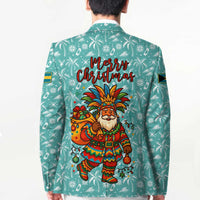 Bahamas Christmas Blazer with Teal Palm Pattern Carnival Santa and National Emblem Motif - Wonder Print Shop
