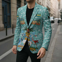 Bahamas Christmas Blazer with Teal Palm Pattern Carnival Santa and National Emblem Motif - Wonder Print Shop